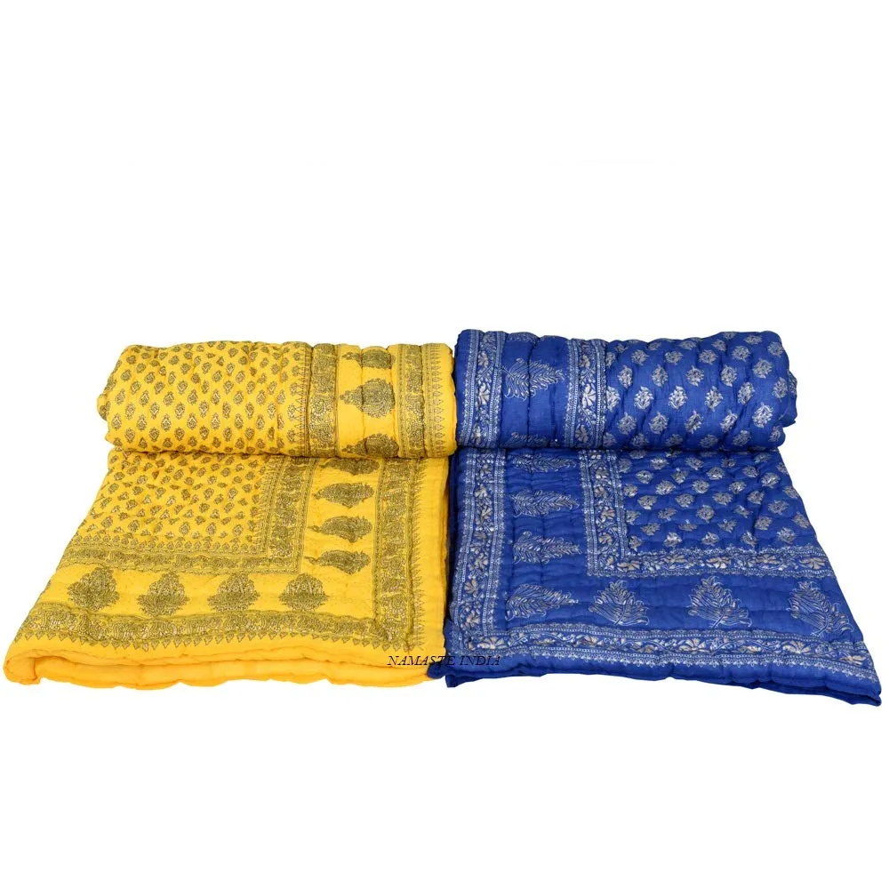 Namaste India Light Weight Cotton Jaipuri Quilt/Razai- Single Bed Floral Print (55X85 Inches)(Yellow & Blue)