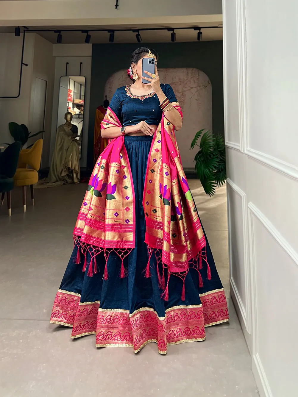 Navy Blue Color Vichitra Silk Lehenga Choli Set with Timeless Paithani Elegance