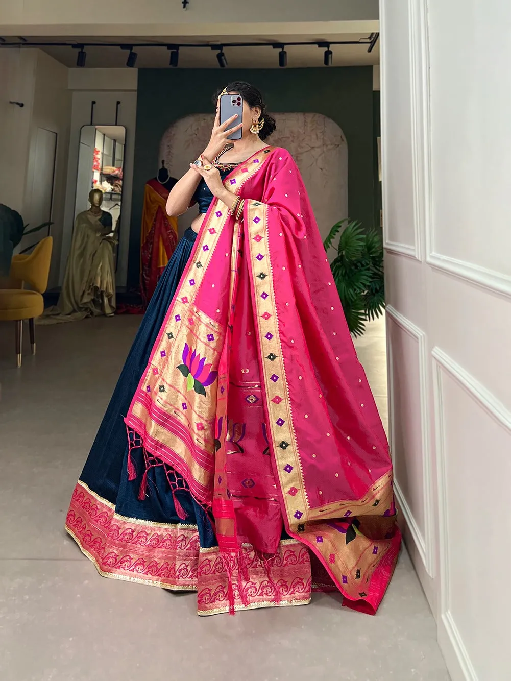 Navy Blue Color Vichitra Silk Lehenga Choli Set with Timeless Paithani Elegance