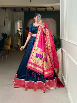 Navy Blue Color Vichitra Silk Lehenga Choli Set with Timeless Paithani Elegance