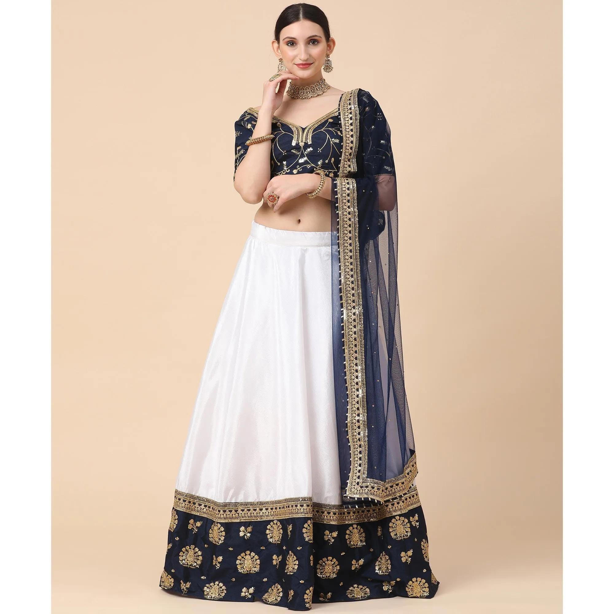 Navy Blue-White Party Wear Sequins Embroidered Satin Lehenga Choli