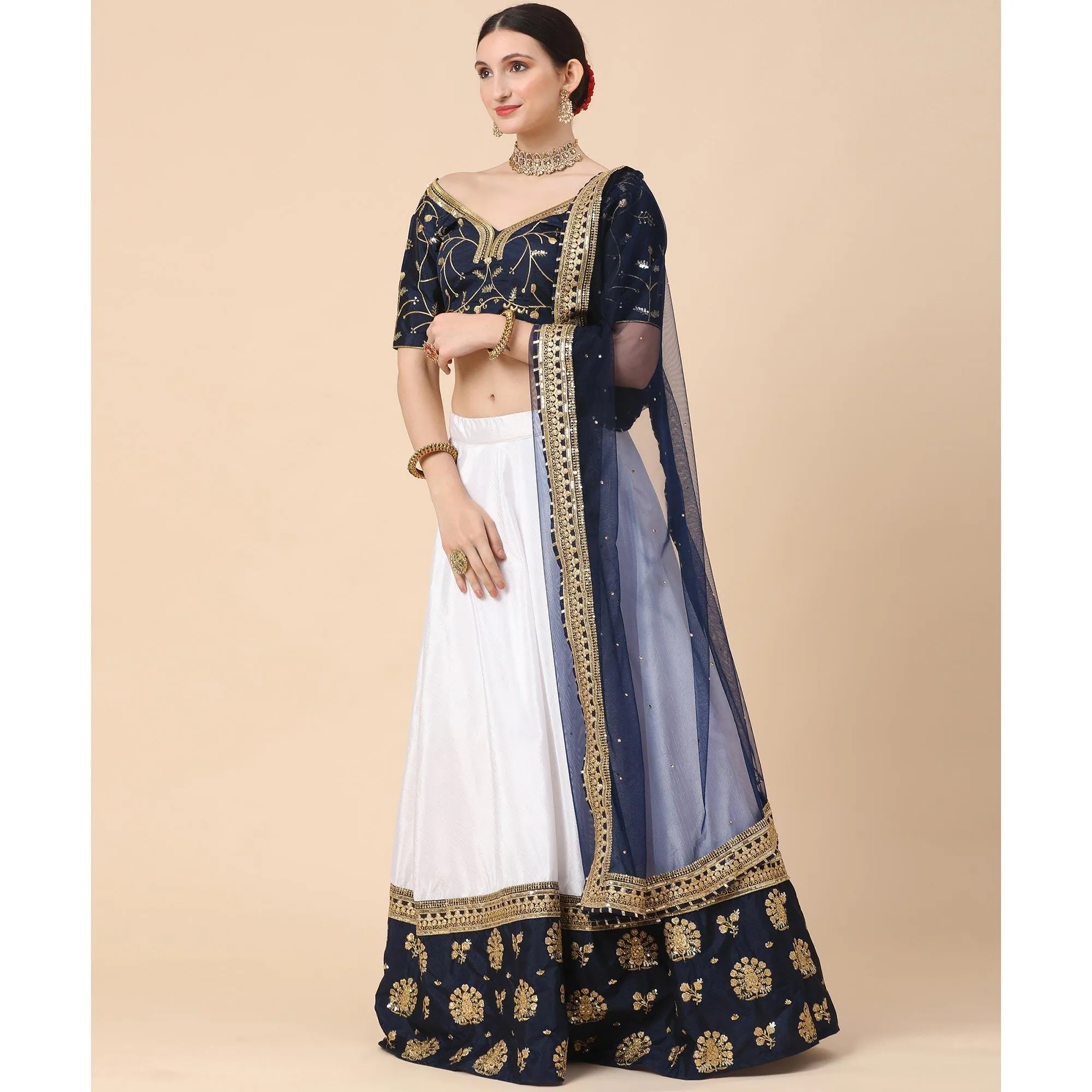 Navy Blue-White Party Wear Sequins Embroidered Satin Lehenga Choli