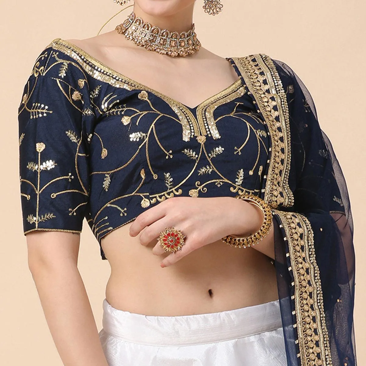 Navy Blue-White Party Wear Sequins Embroidered Satin Lehenga Choli