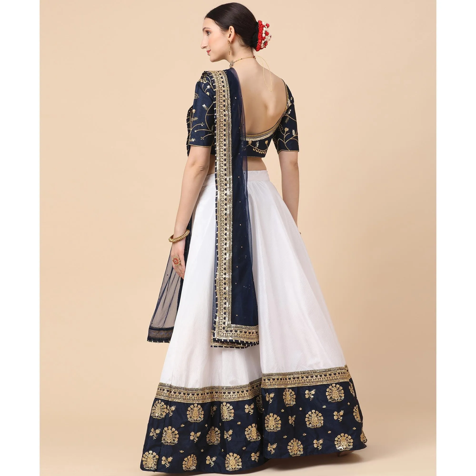 Navy Blue-White Party Wear Sequins Embroidered Satin Lehenga Choli