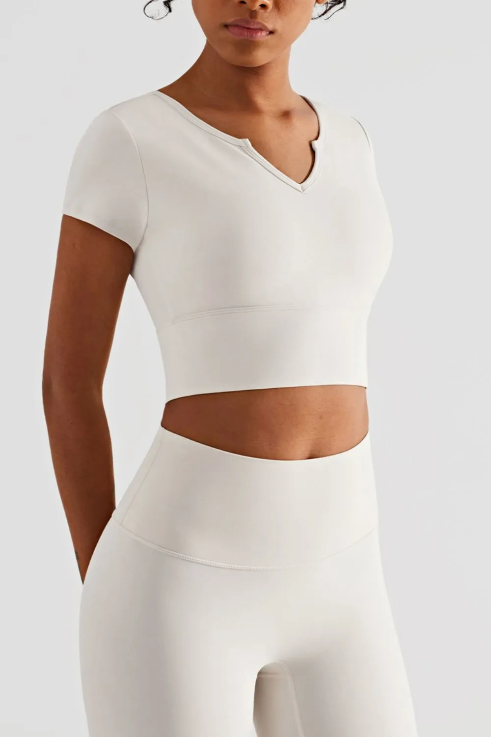 Notched Neck Short Sleeve Cropped Sports Top