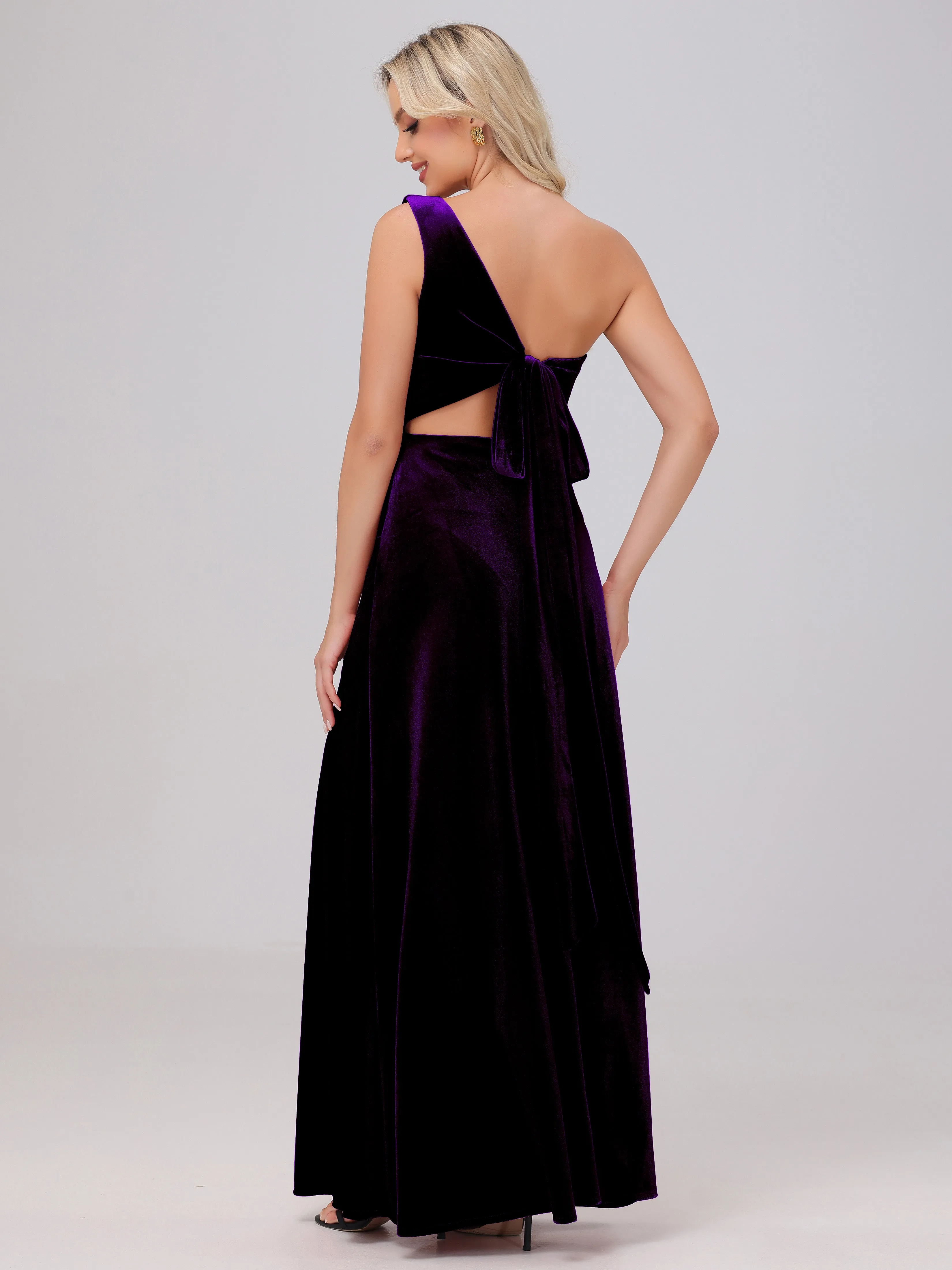 One Shoulder Sleeveless Long Velvet Bridesmaid Dresses With Split