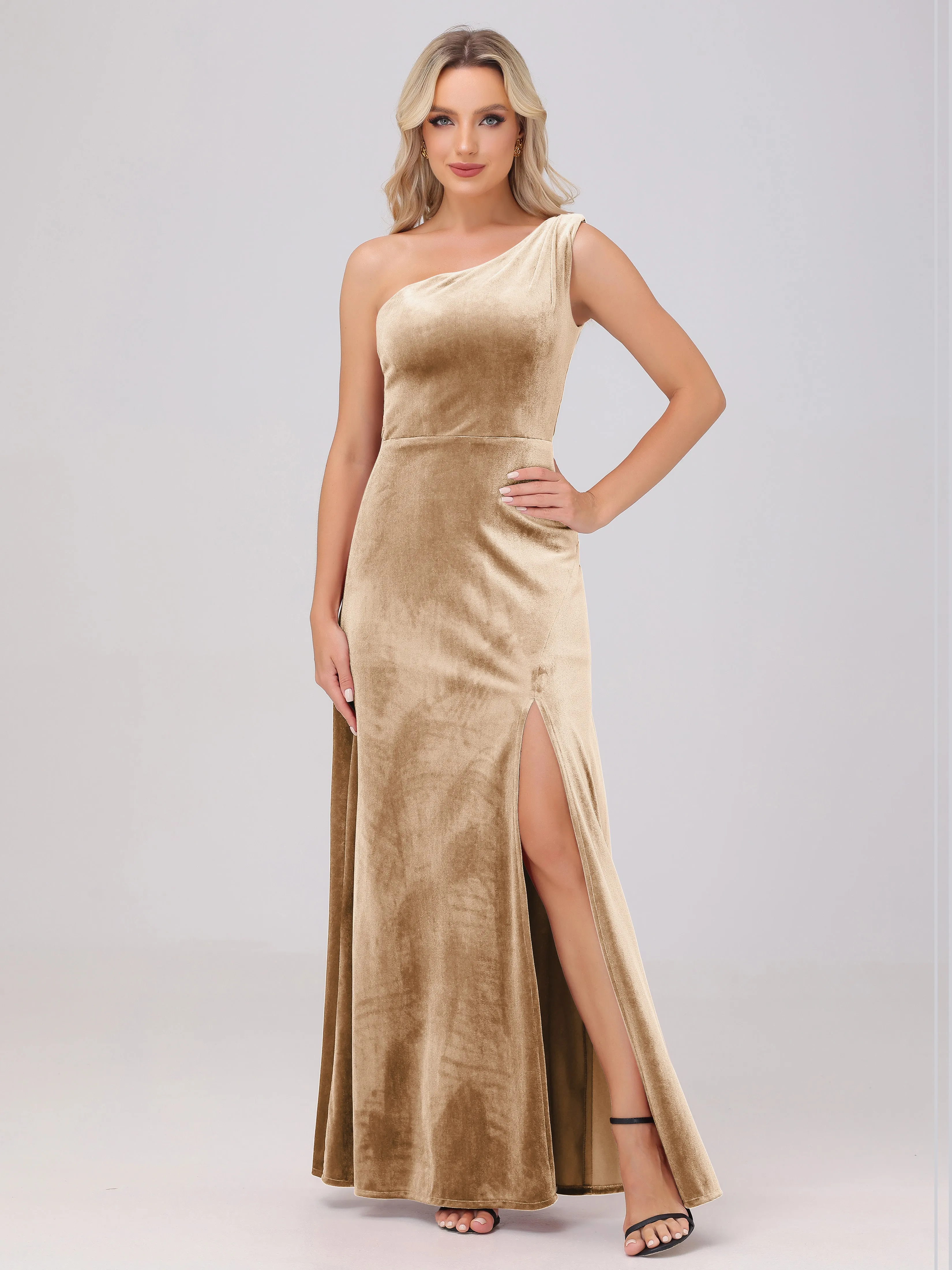 One Shoulder Sleeveless Long Velvet Bridesmaid Dresses With Split