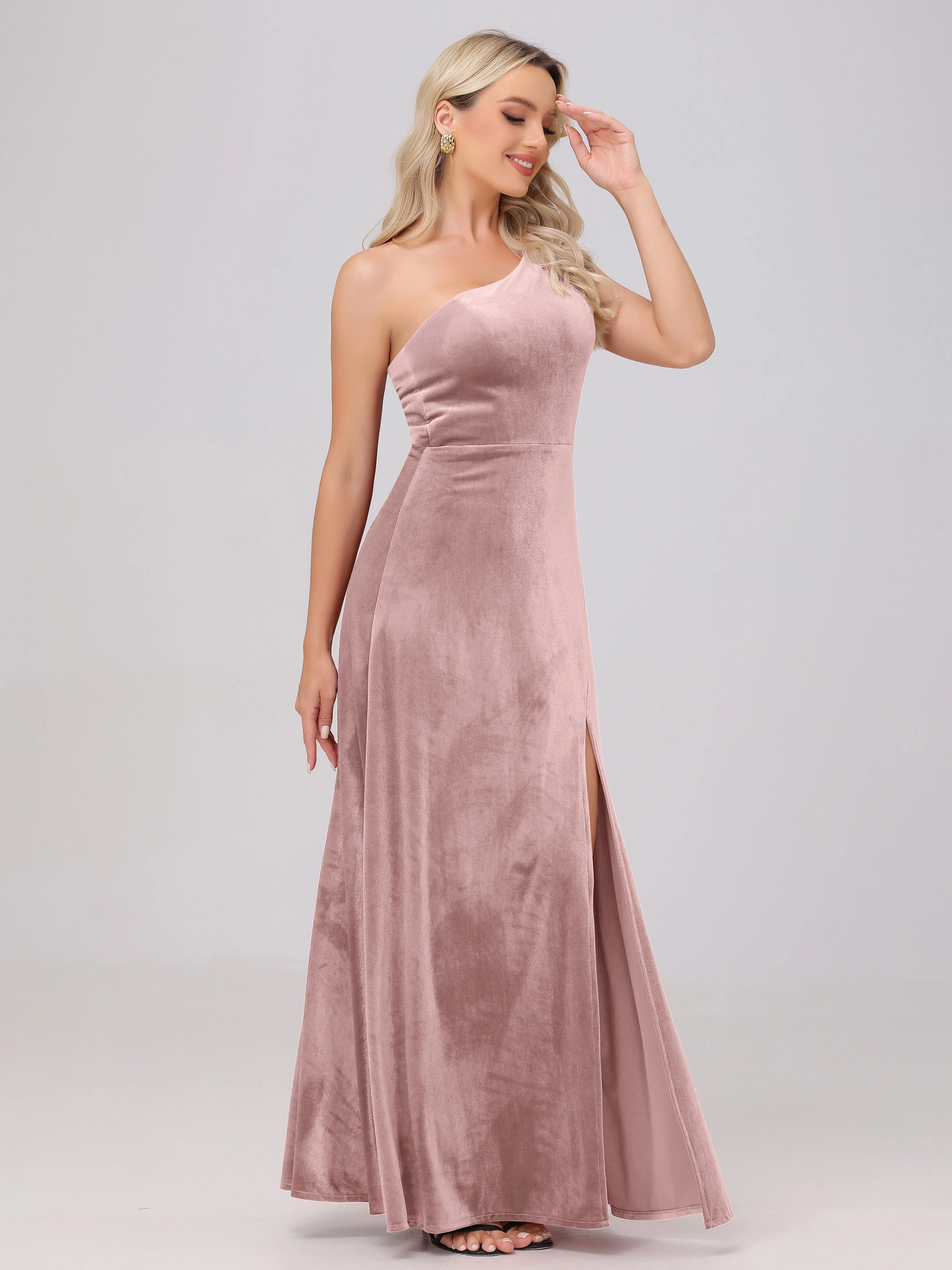 One Shoulder Sleeveless Long Velvet Bridesmaid Dresses With Split