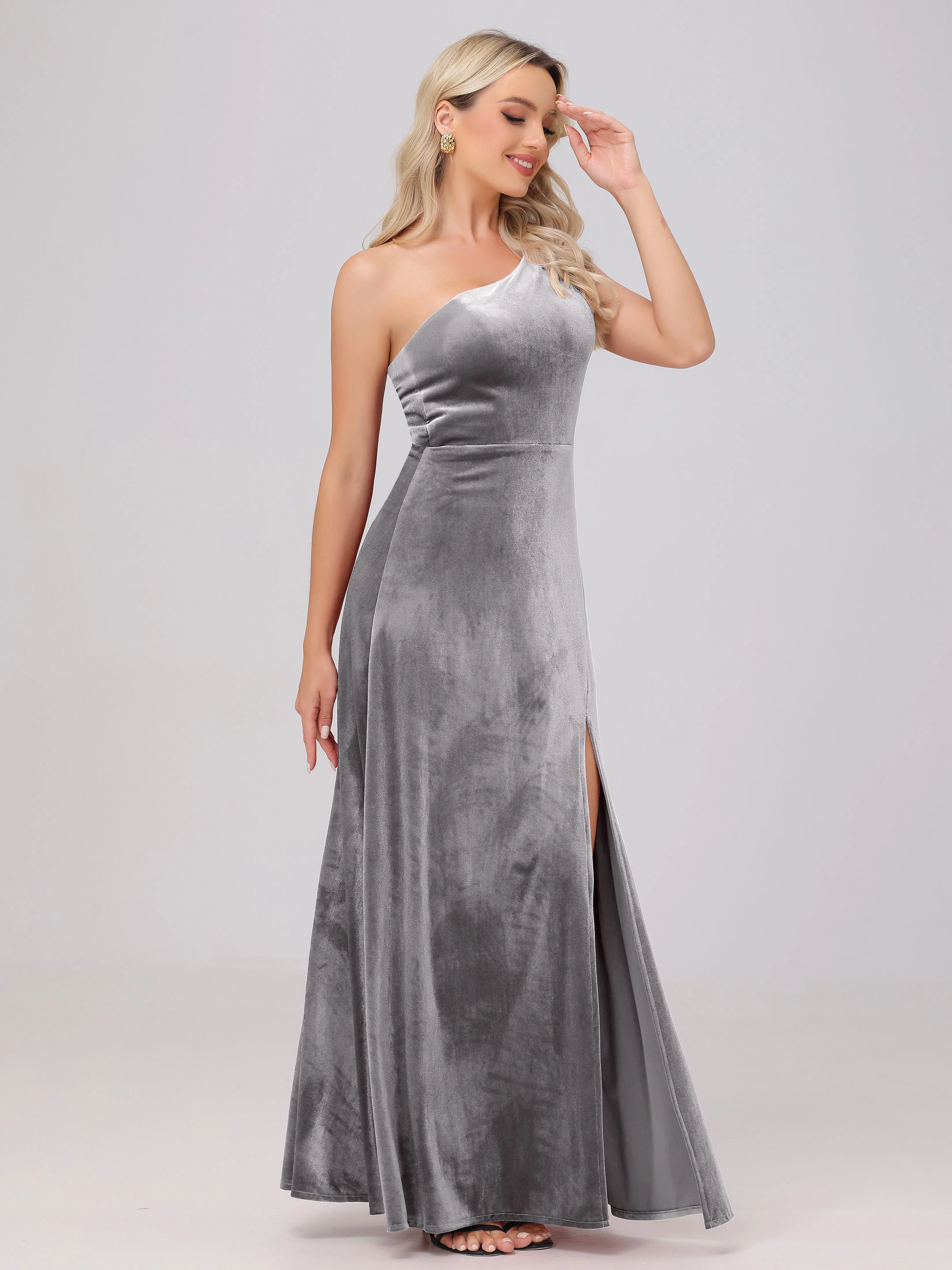 One Shoulder Sleeveless Long Velvet Bridesmaid Dresses With Split