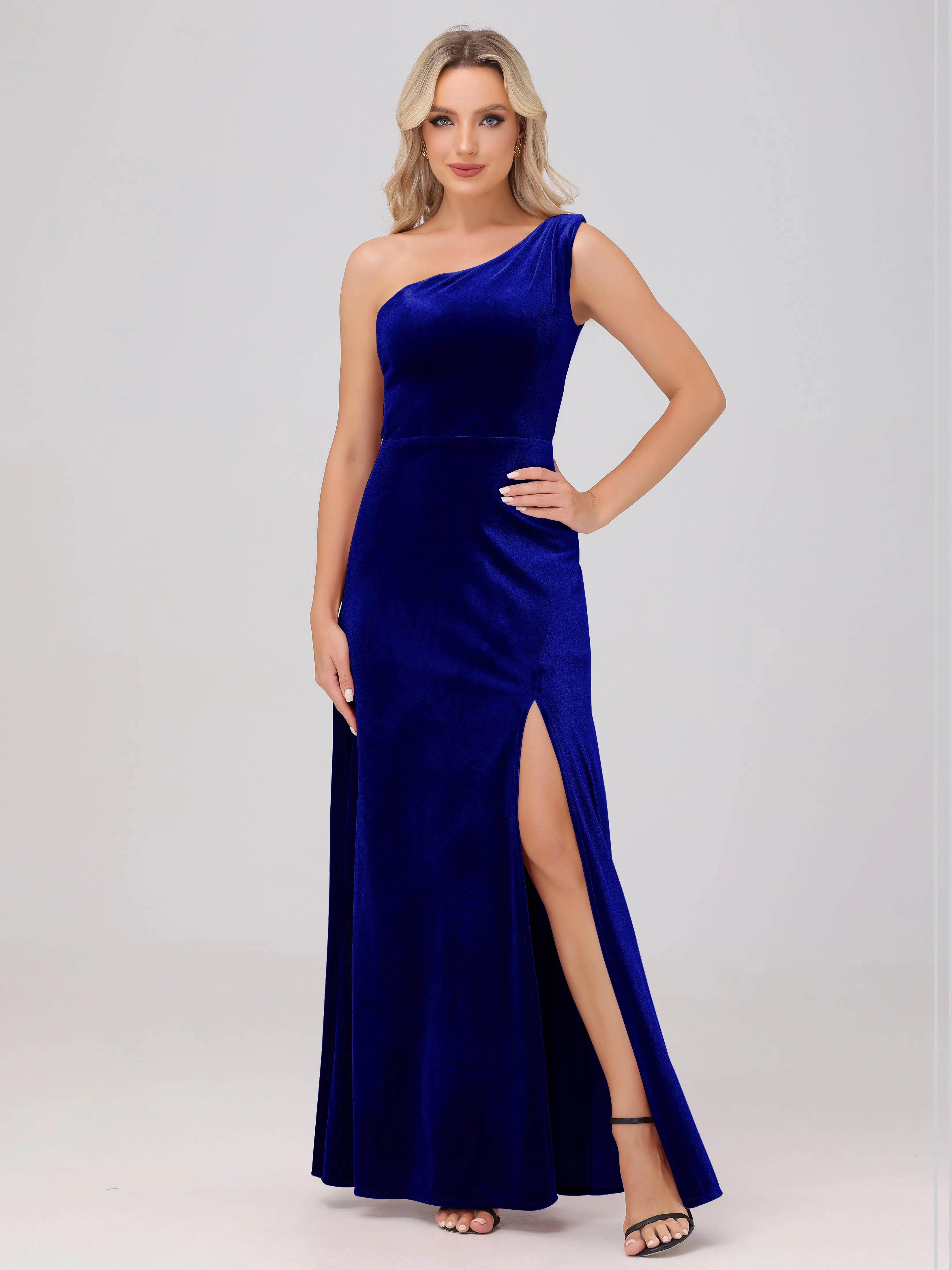 One Shoulder Sleeveless Long Velvet Bridesmaid Dresses With Split