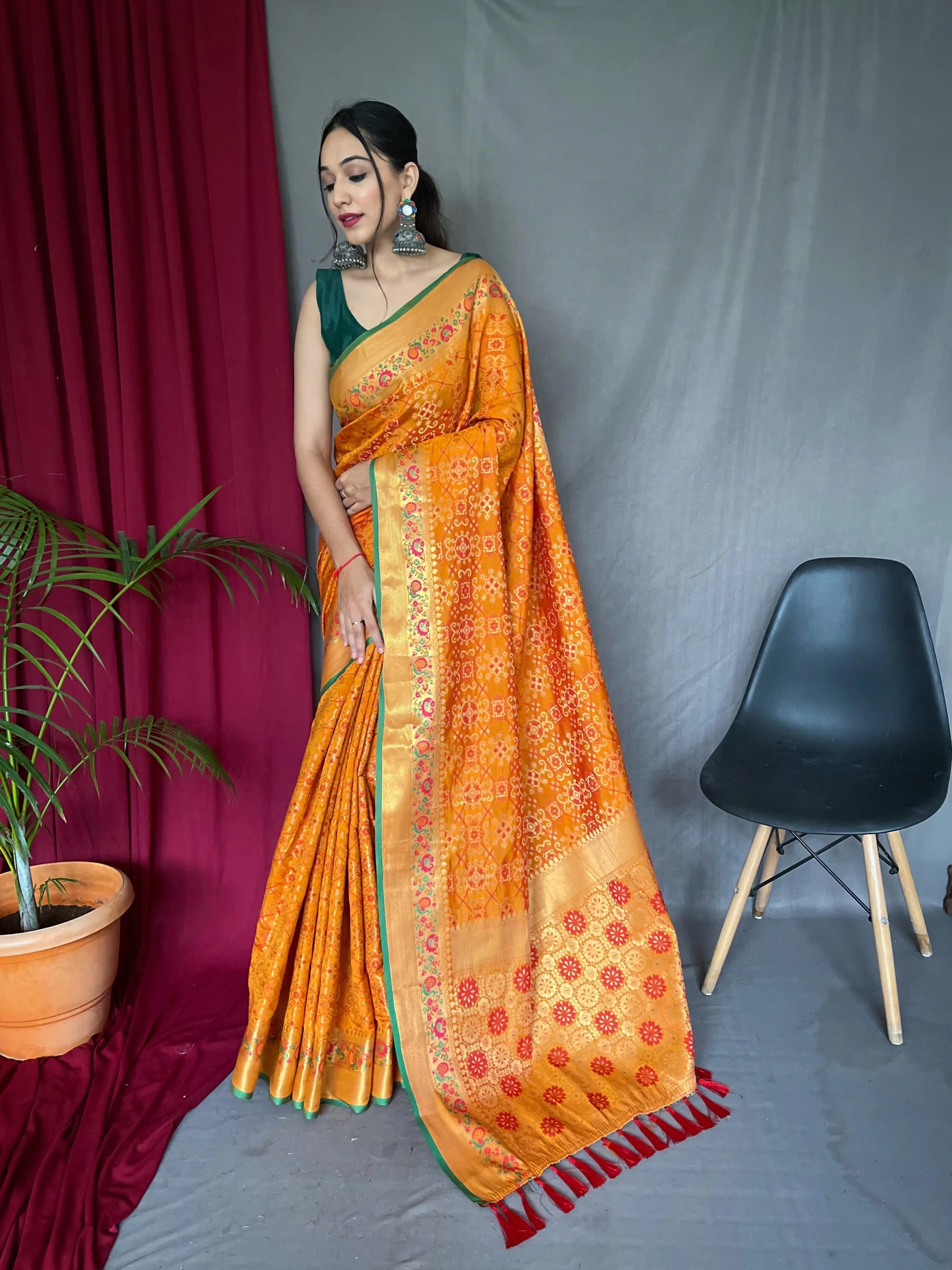 Orange Gold Saree in Bandhej Patola Silk