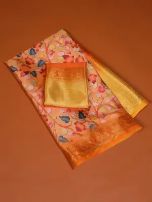 Orange Printed Dola Silk Saree Set for Weddings & Special Occasions