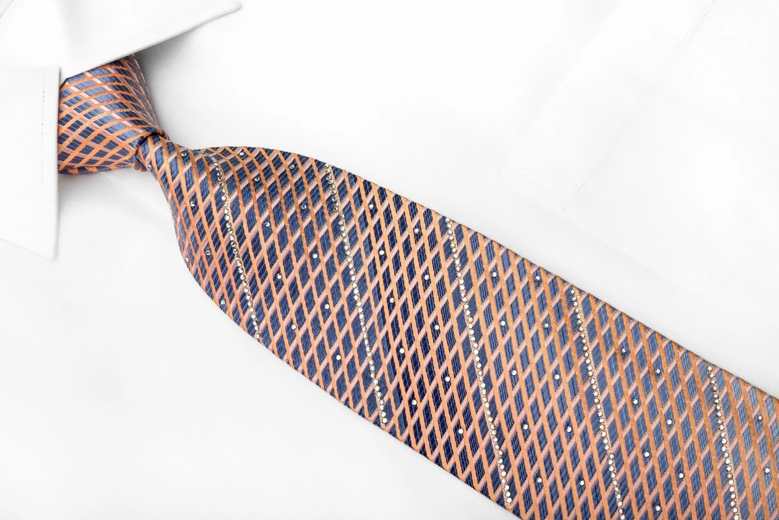 Park Land Men's Crystal Silk Tie Orange Stripes On Blue With Silver Sparkles