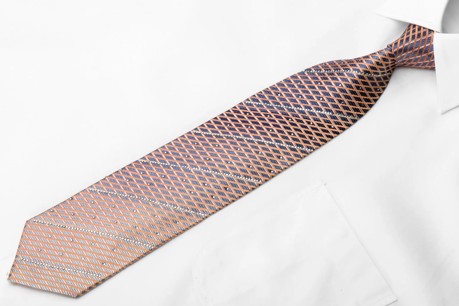 Park Land Men's Crystal Silk Tie Orange Stripes On Blue With Silver Sparkles