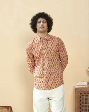 Peach Full Sleeve Cotton Hand Block Printed Men's Shirt