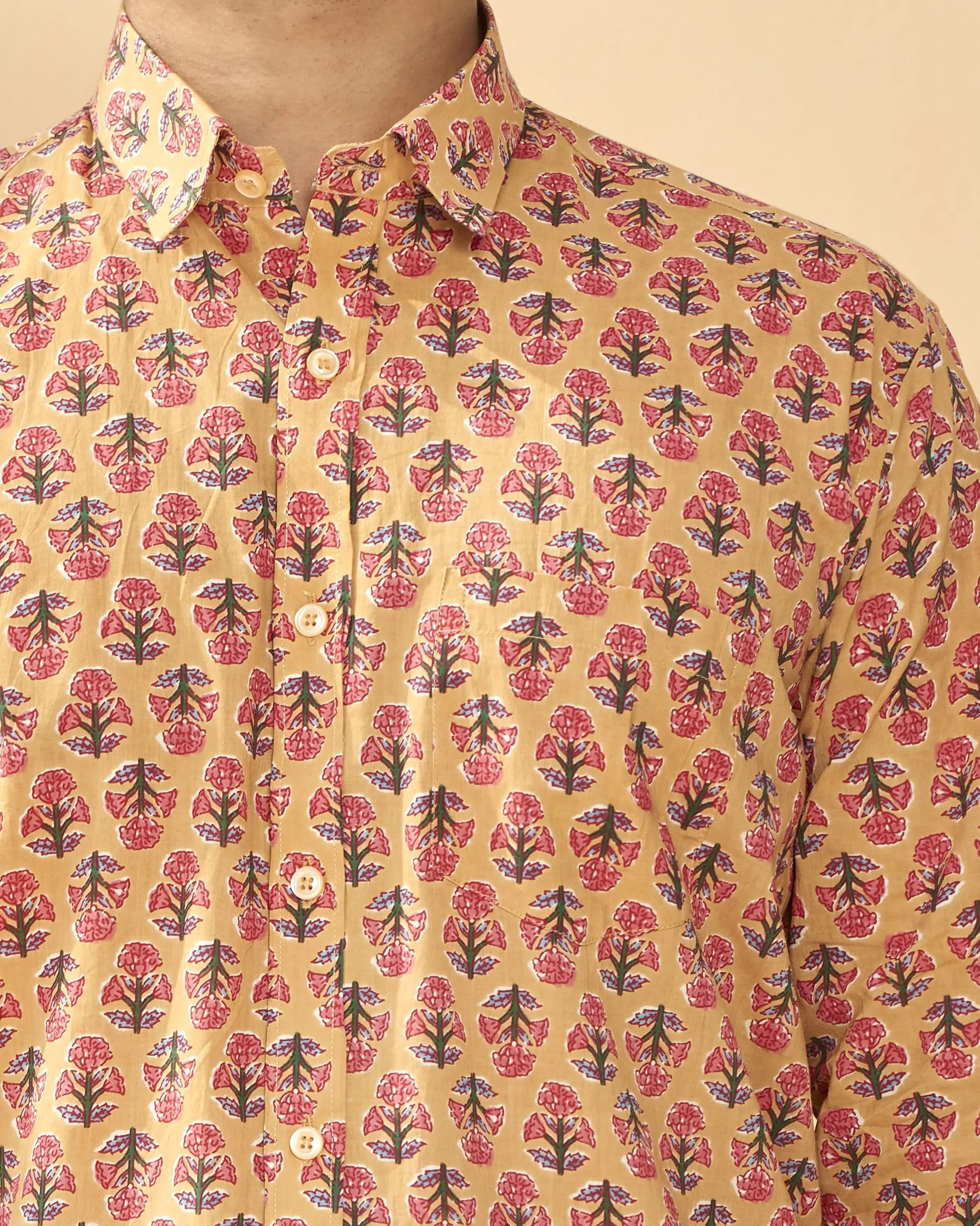 Peach Full Sleeve Cotton Hand Block Printed Men's Shirt