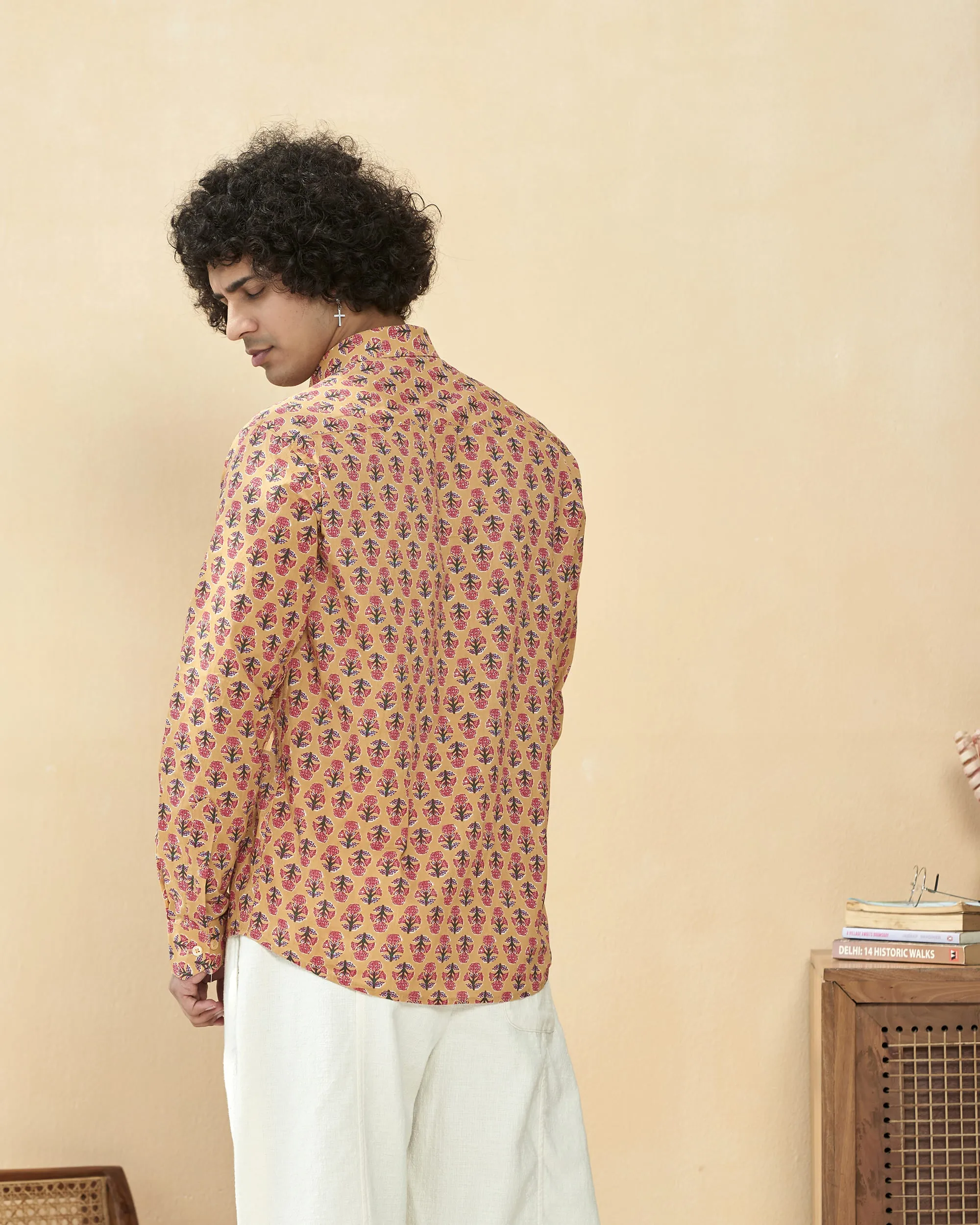 Peach Full Sleeve Cotton Hand Block Printed Men's Shirt