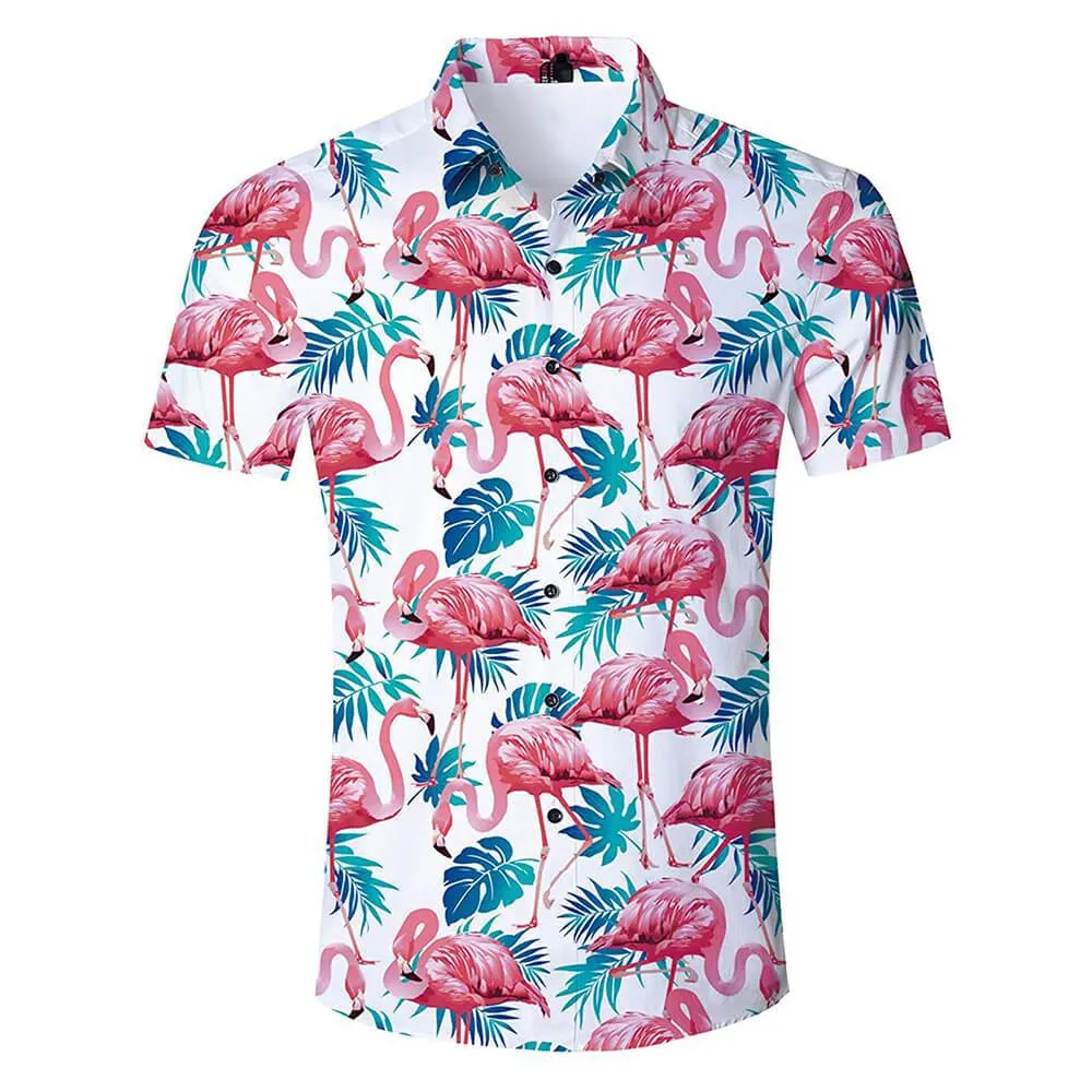 Pink Flamingo Funny Hawaiian Shirt with Palm Leaf