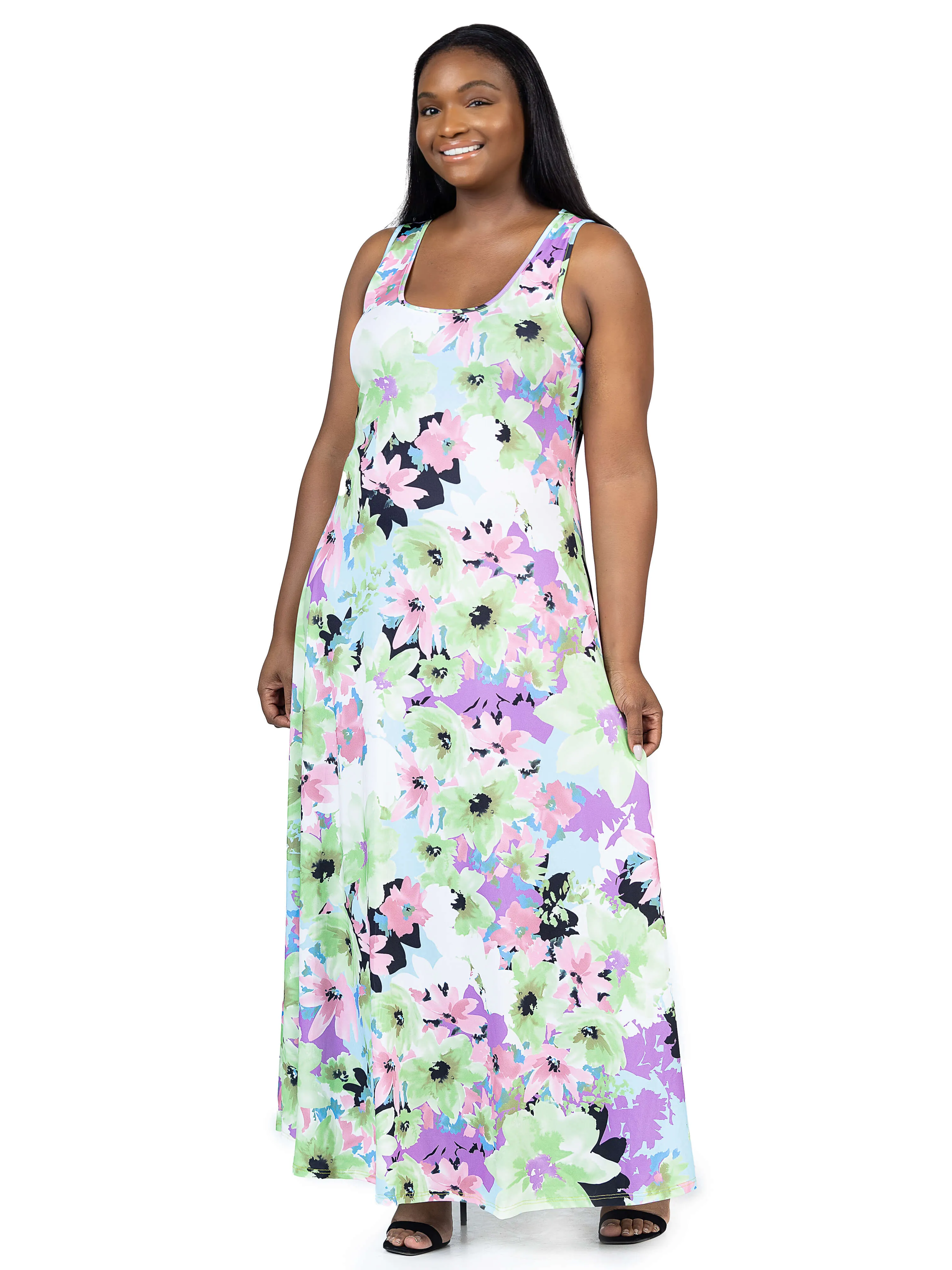 Plus Size Pastel Floral Scoop Neck A Line Sleeveless Maxi Dress