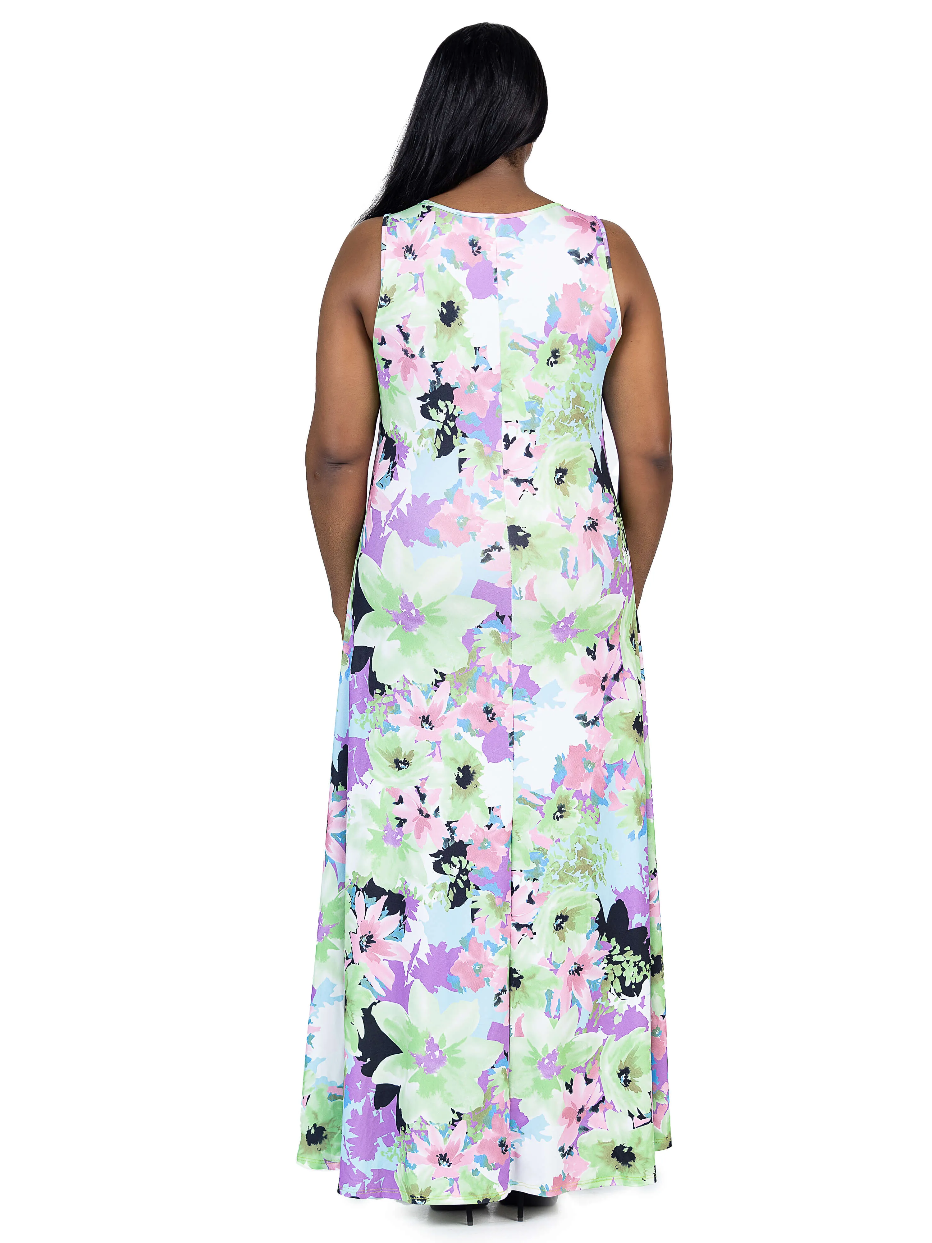 Plus Size Pastel Floral Scoop Neck A Line Sleeveless Maxi Dress