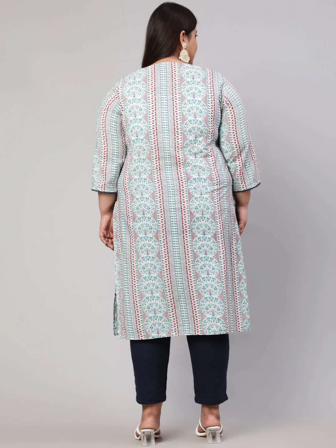 Plus Size White and Blue Ethnic Printed Straight Kurta