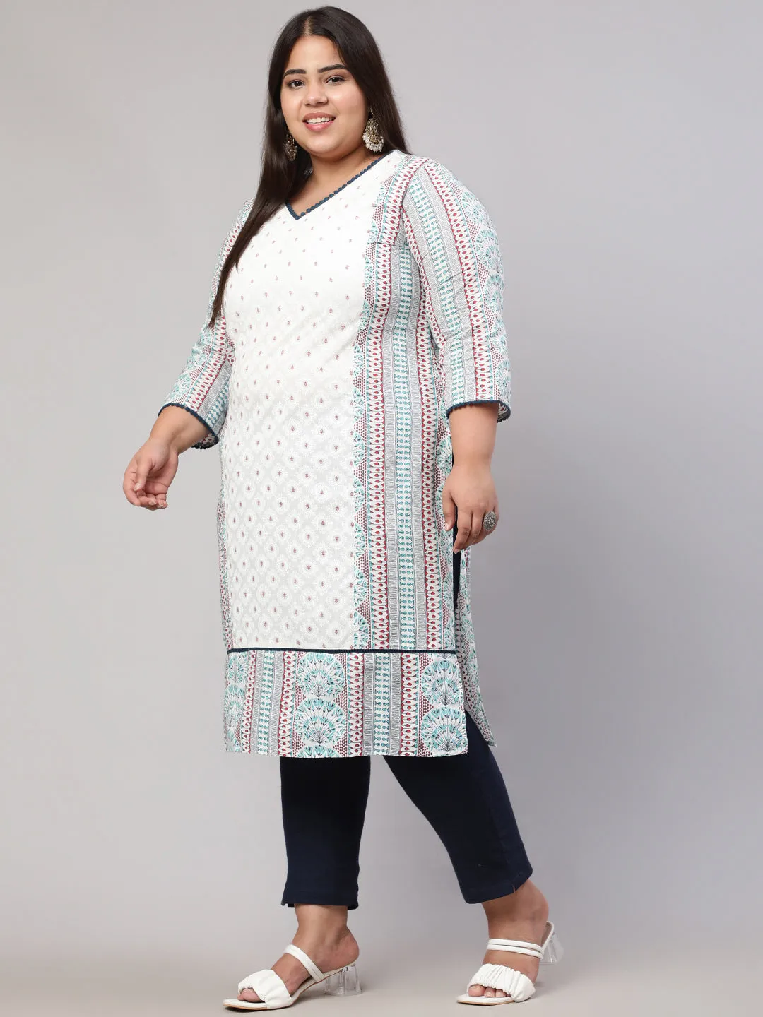 Plus Size White and Blue Ethnic Printed Straight Kurta