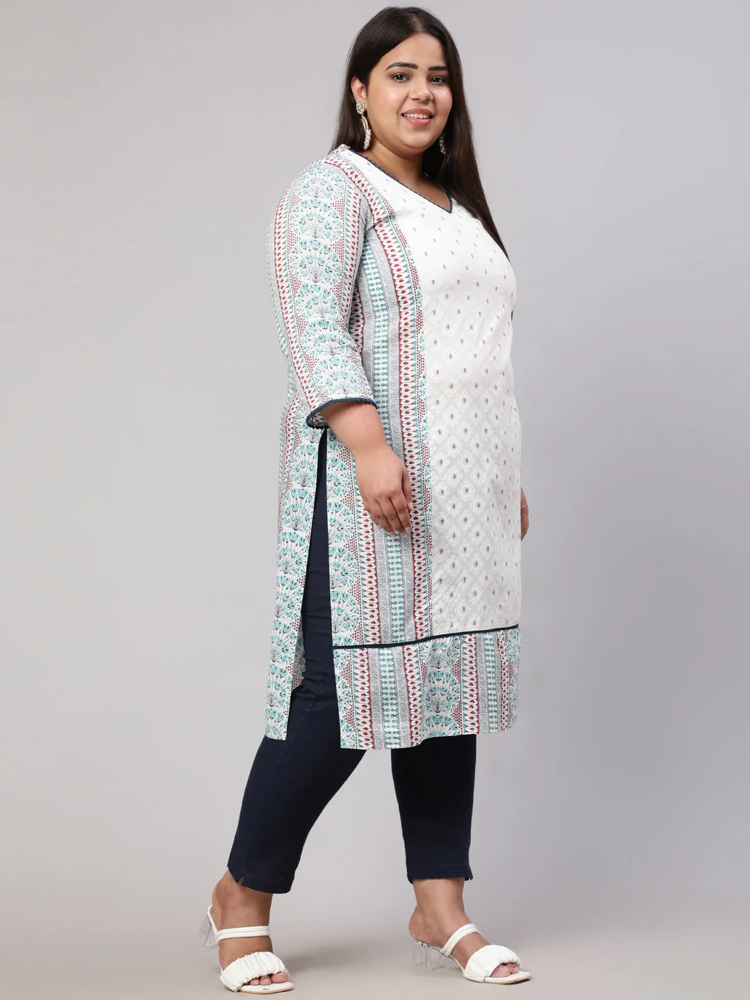 Plus Size White and Blue Ethnic Printed Straight Kurta