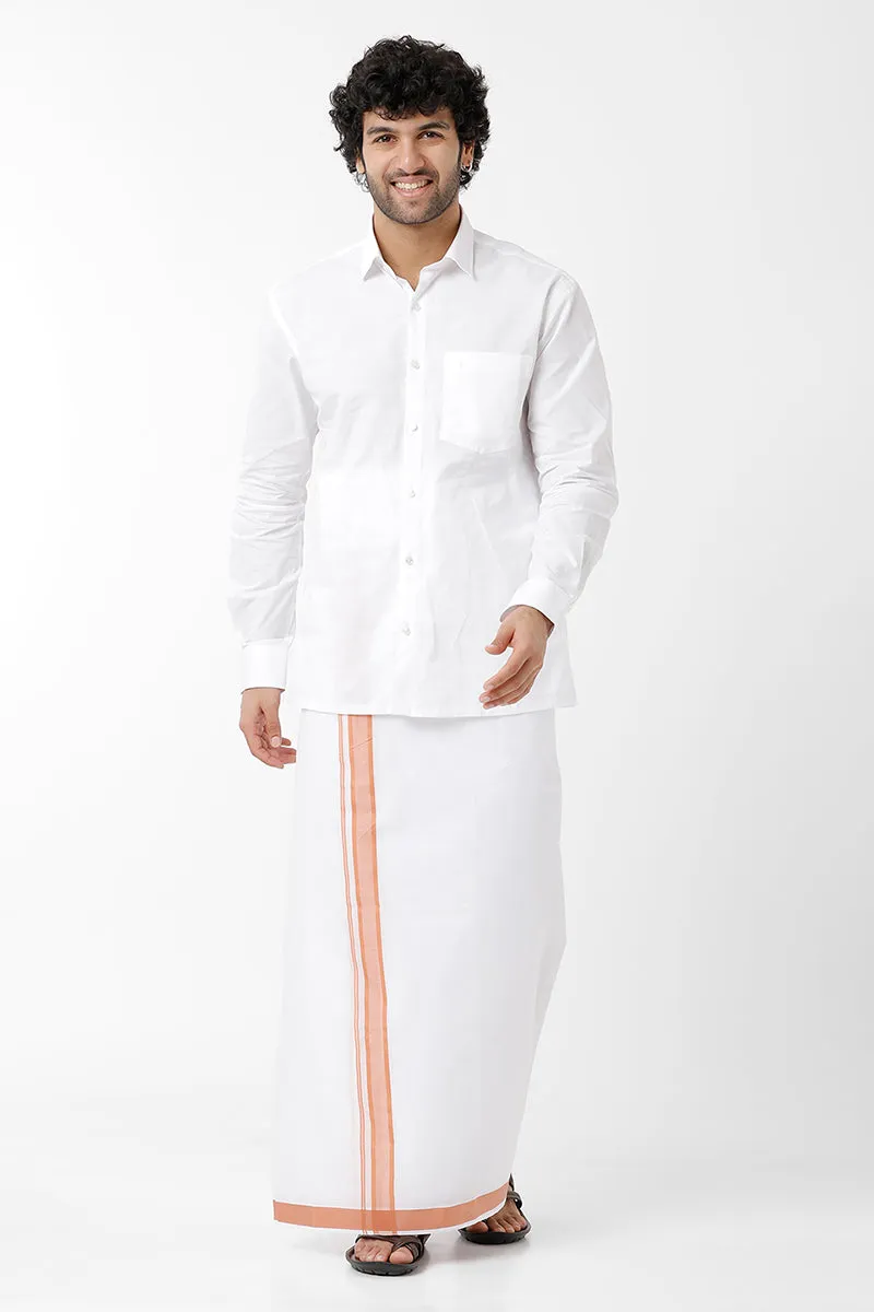 Premium -  White Shirt And Tallent Fancy Small Border Single Dhoti Set For Men | Uathayam