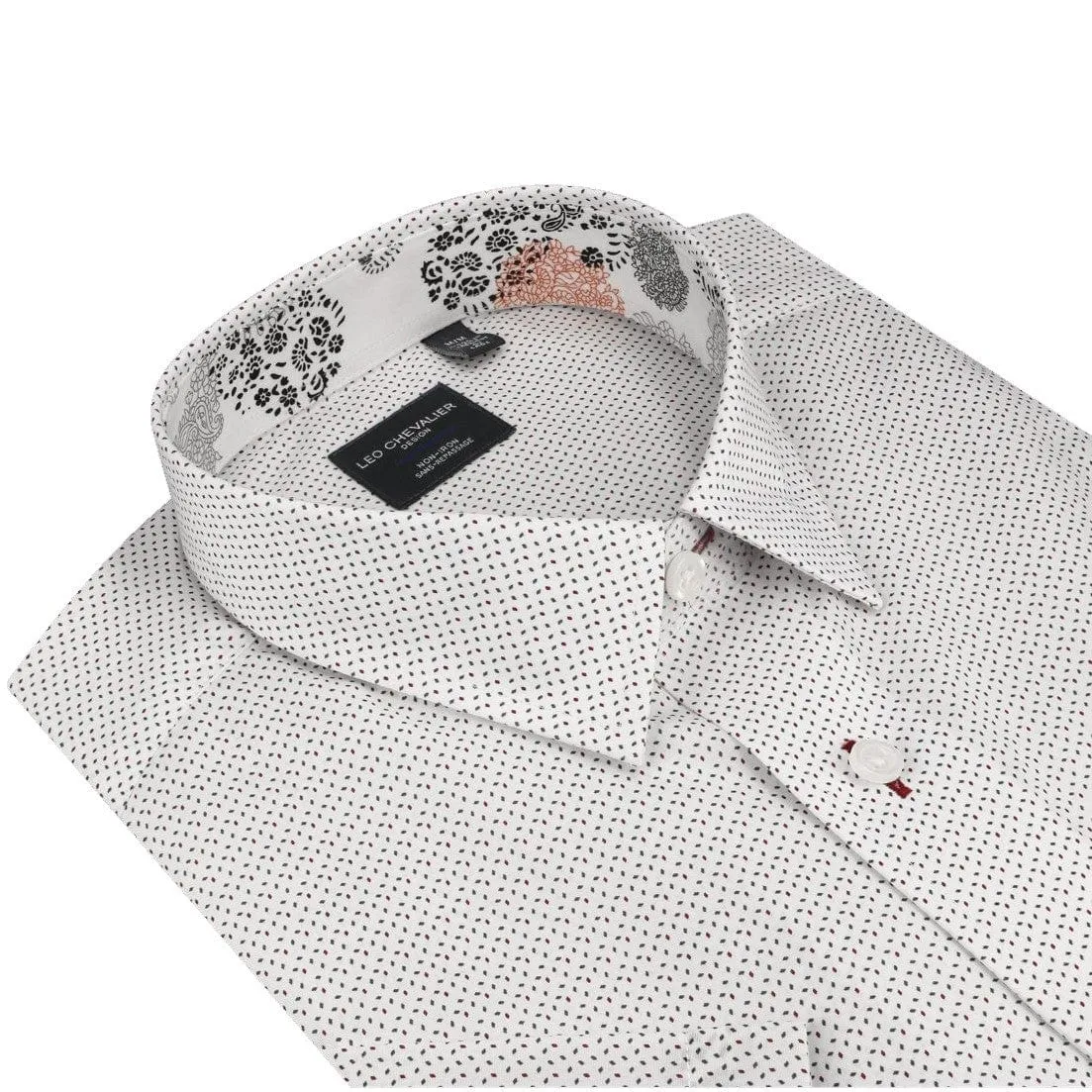 Red & Grey Print on White Hidden Down Collar 100% Cotton Short Sleeve Shirts