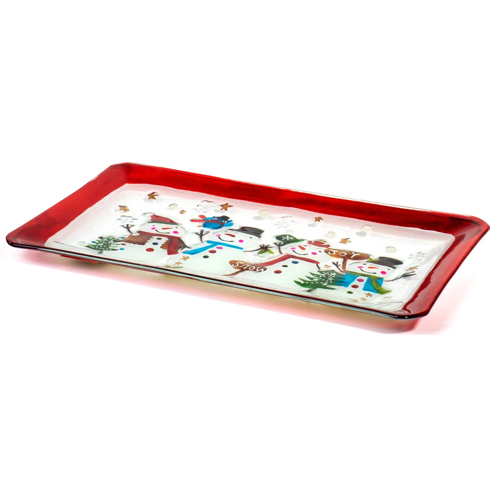 Red Co. 14" Vintage Inspired Glass Christmas Serving Tray and Cookie Platter - Classic Snowmen