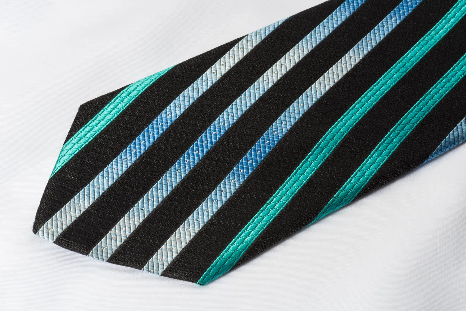 Renoma Silk Rhinestone Necktie Turquoise Stripes On Blue With Silver Sparkles