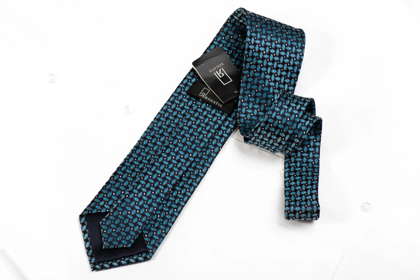 Rogatis Men's Crystal Silk Tie Geometric On Blue With Silver Sparkles