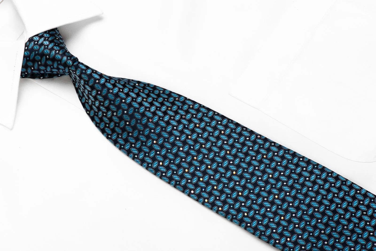 Rogatis Men's Crystal Silk Tie Geometric On Blue With Silver Sparkles