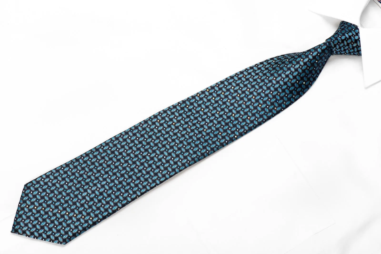 Rogatis Men's Crystal Silk Tie Geometric On Blue With Silver Sparkles