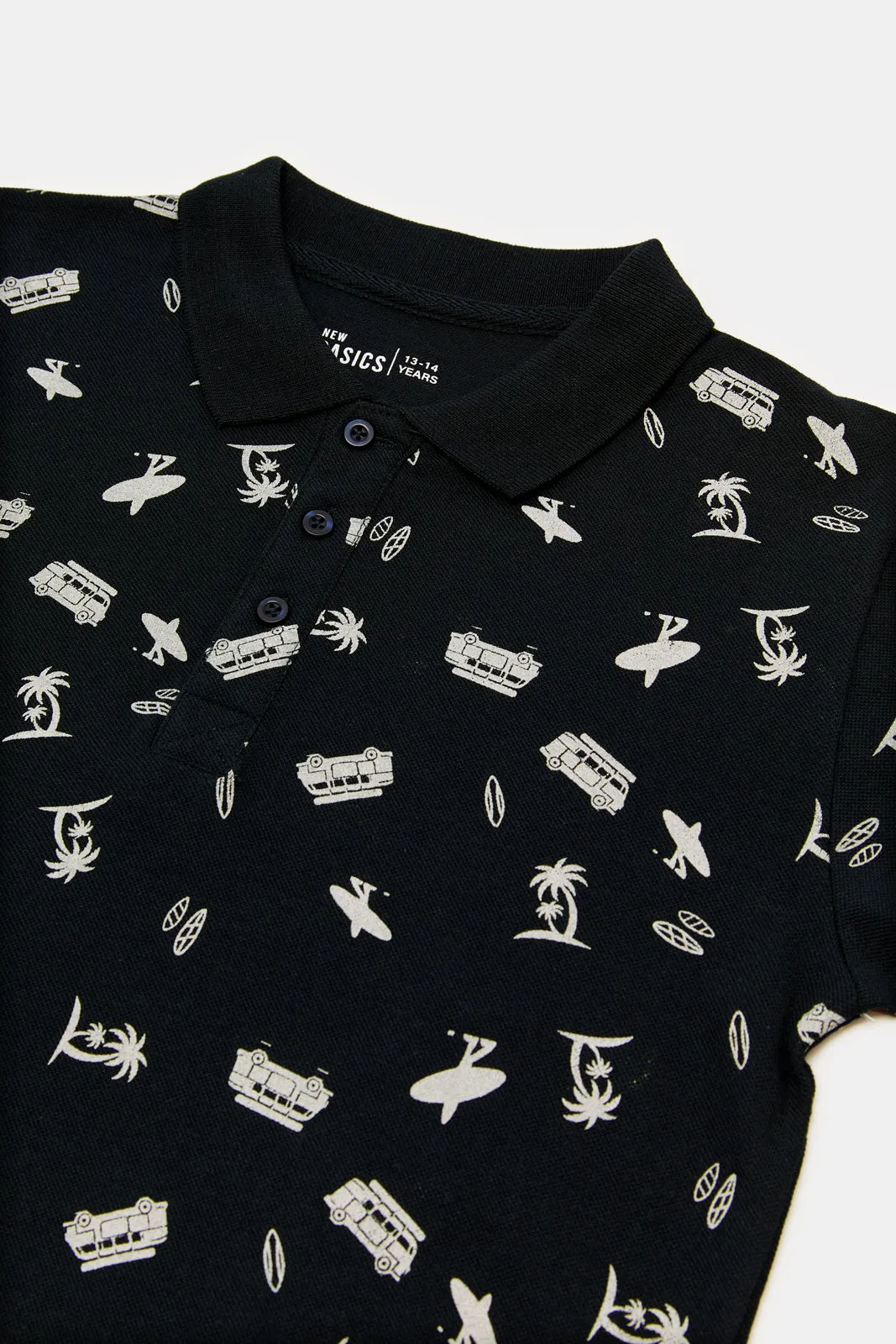 Senior Boys Black Printed Polo Shirt