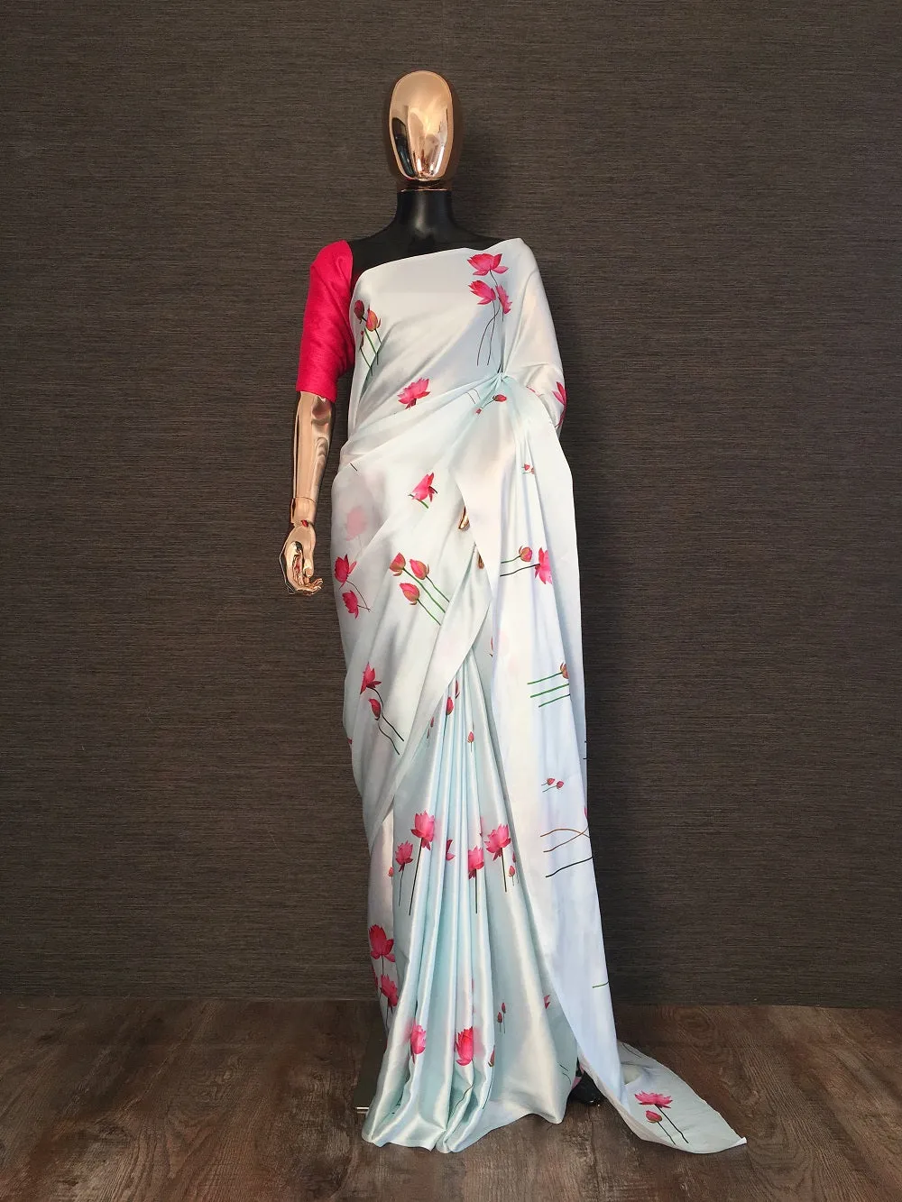 Sky Blue Color Digital Printed Japan Satin Saree