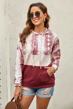 Snake Print Color Block Drawstring Detail Hoodie