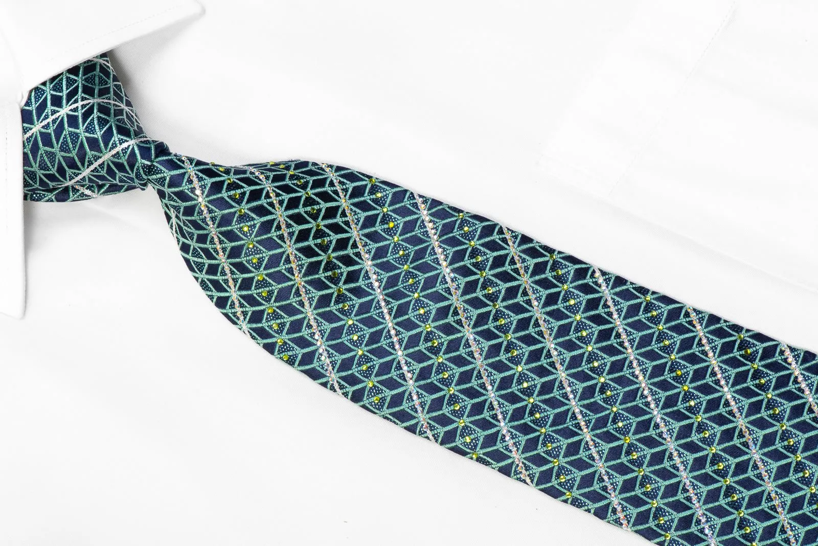 Teal Geometric Trellis On Navy Men's Rhinestone Silk Tie With Blue Sparkles