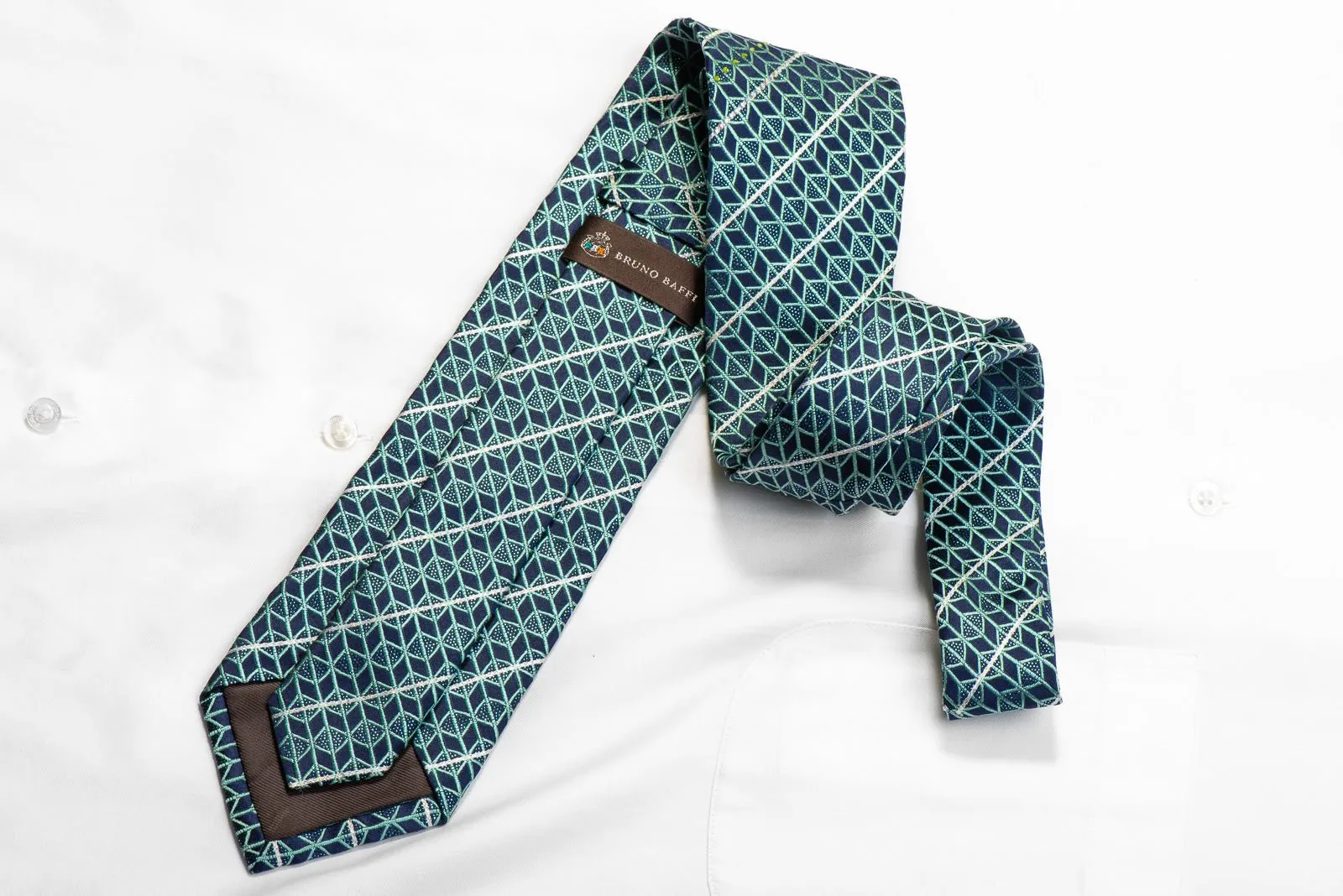 Teal Geometric Trellis On Navy Men's Rhinestone Silk Tie With Blue Sparkles