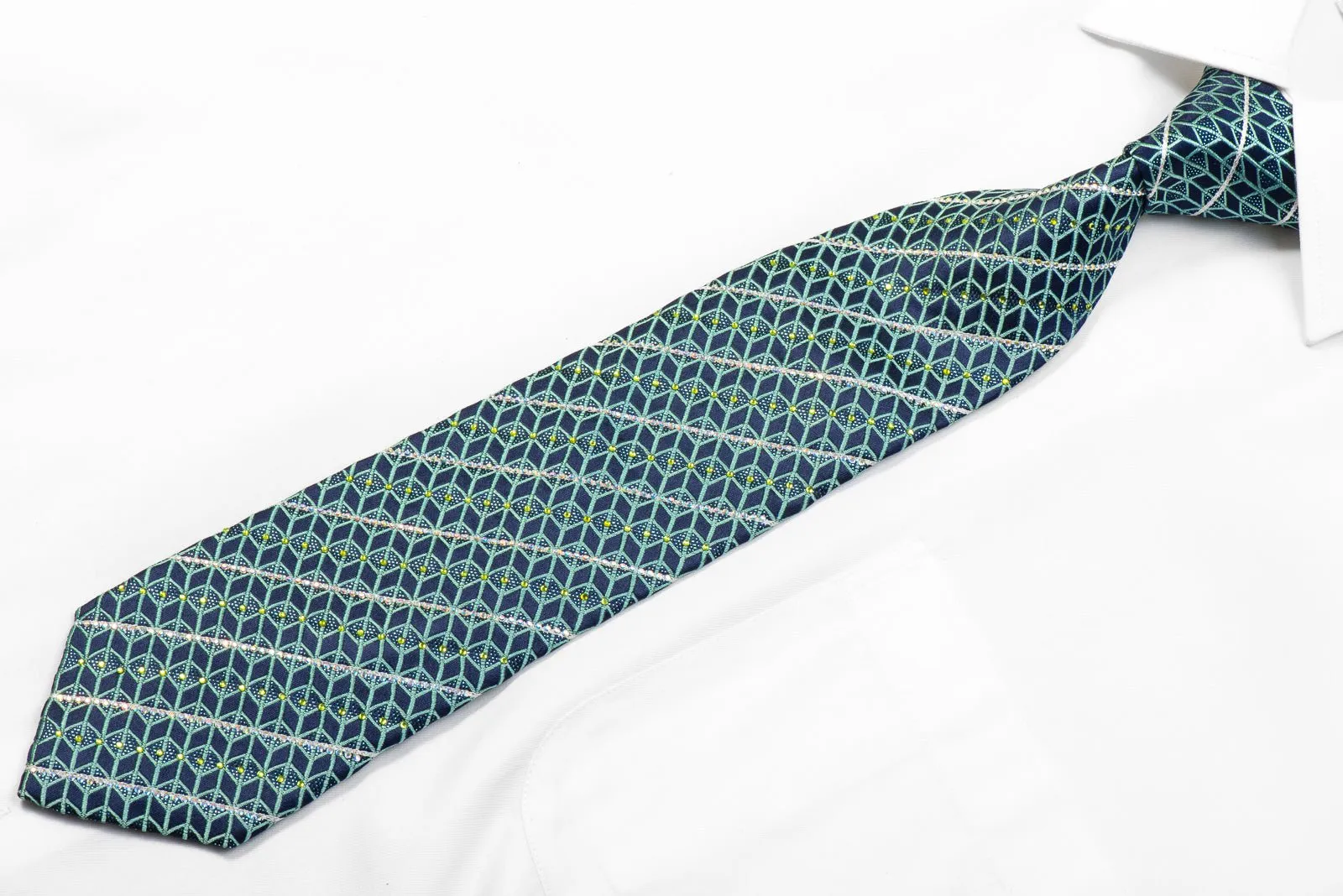 Teal Geometric Trellis On Navy Men's Rhinestone Silk Tie With Blue Sparkles