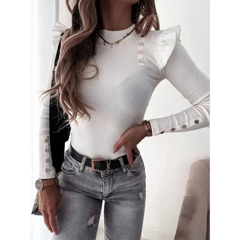 Trendy Button Decor Long Sleeve Knitted Blouse