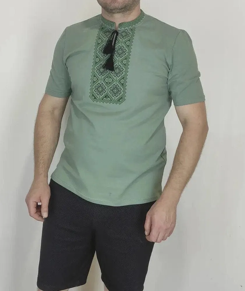 Ukrainian embroidered shirt with black and green cross embroidery