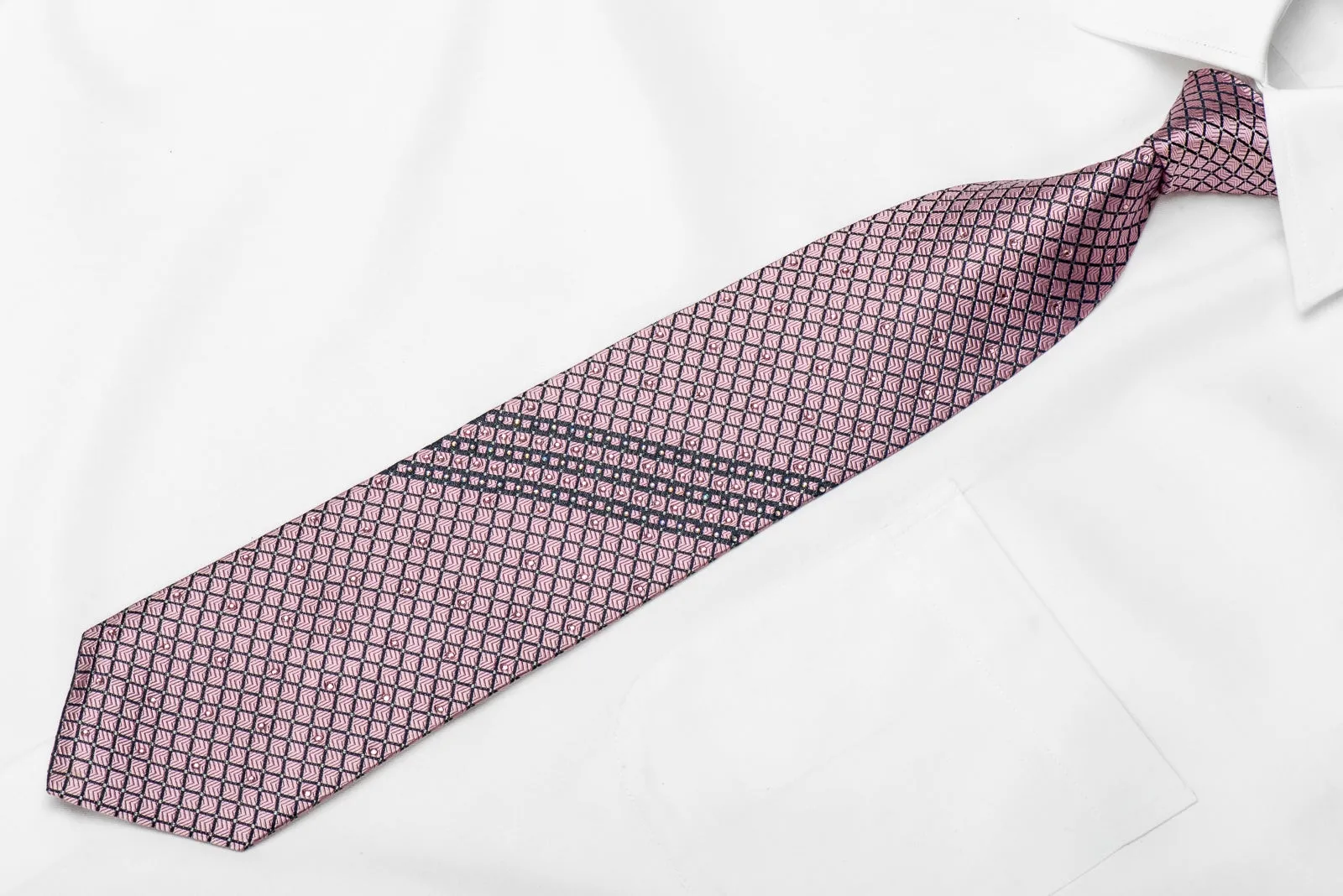 Ungaro Men's Crystal Silk Necktie Navy Trellis On Pink With Silver Sparkles