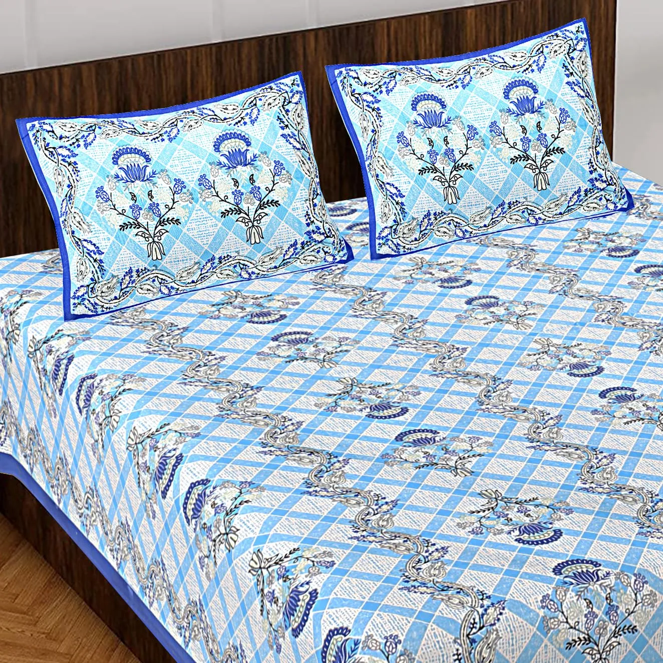 UNIBLISS Floral 100% Cotton Bedsheet for Double Bed King Size with 2 Pillow Covers Jaipuri Printed Bed Cover - 012