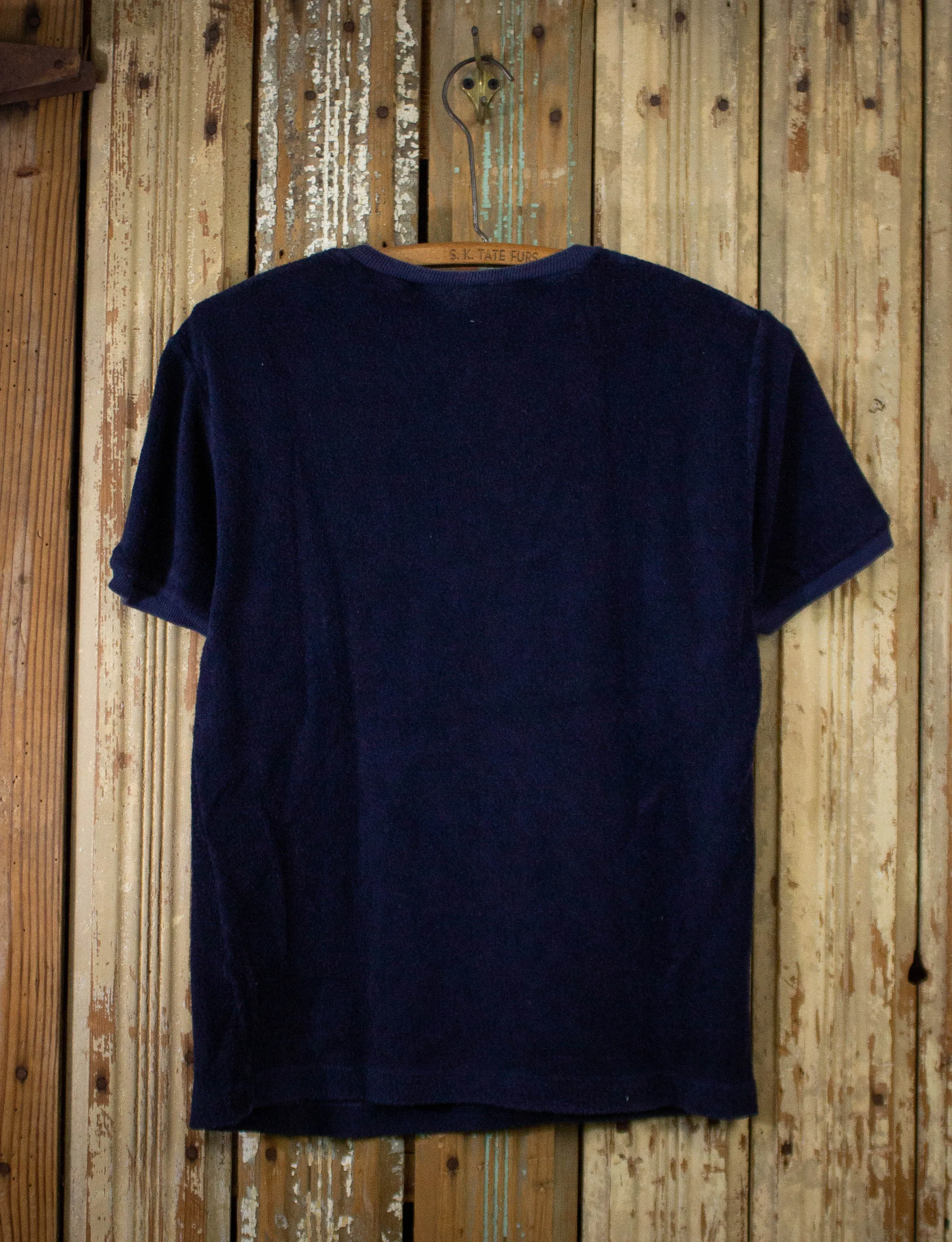 Vintage Terry Cloth V Neck T Shirt 70s Navy Blue Small