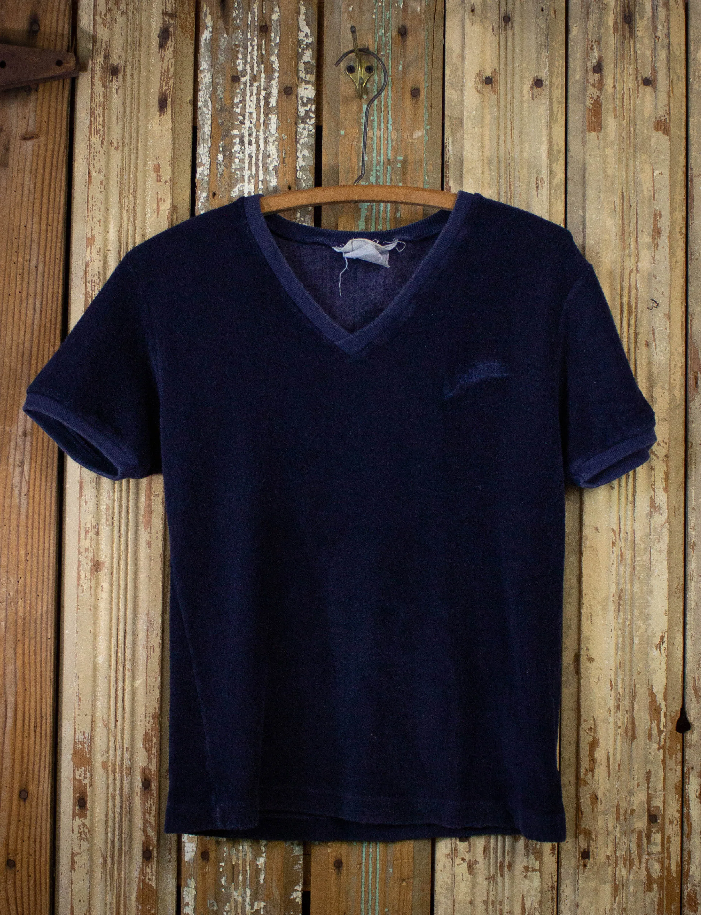 Vintage Terry Cloth V Neck T Shirt 70s Navy Blue Small