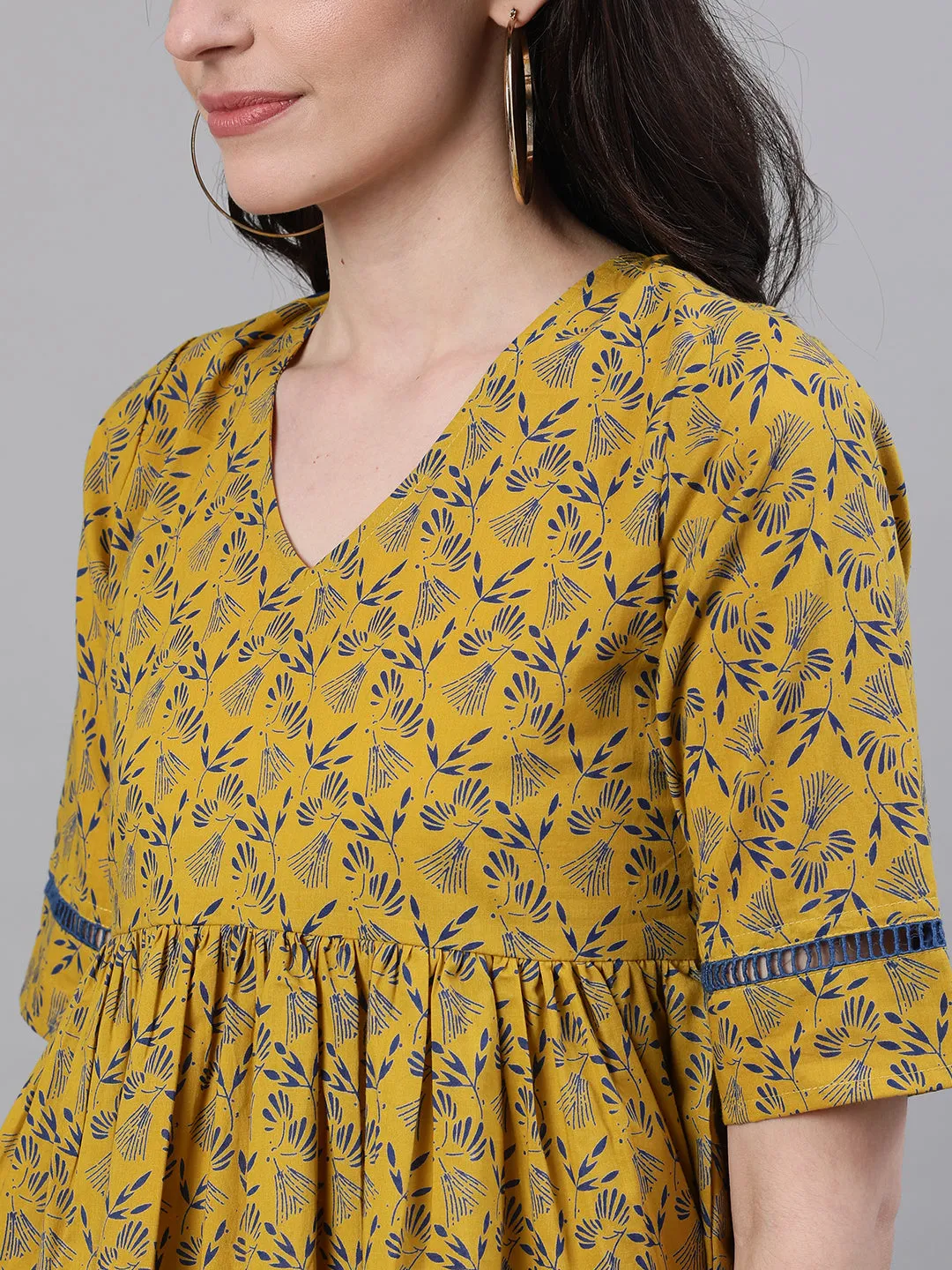 Women Yellow Three-Quarter Sleeves Gathered Or Pleated Top