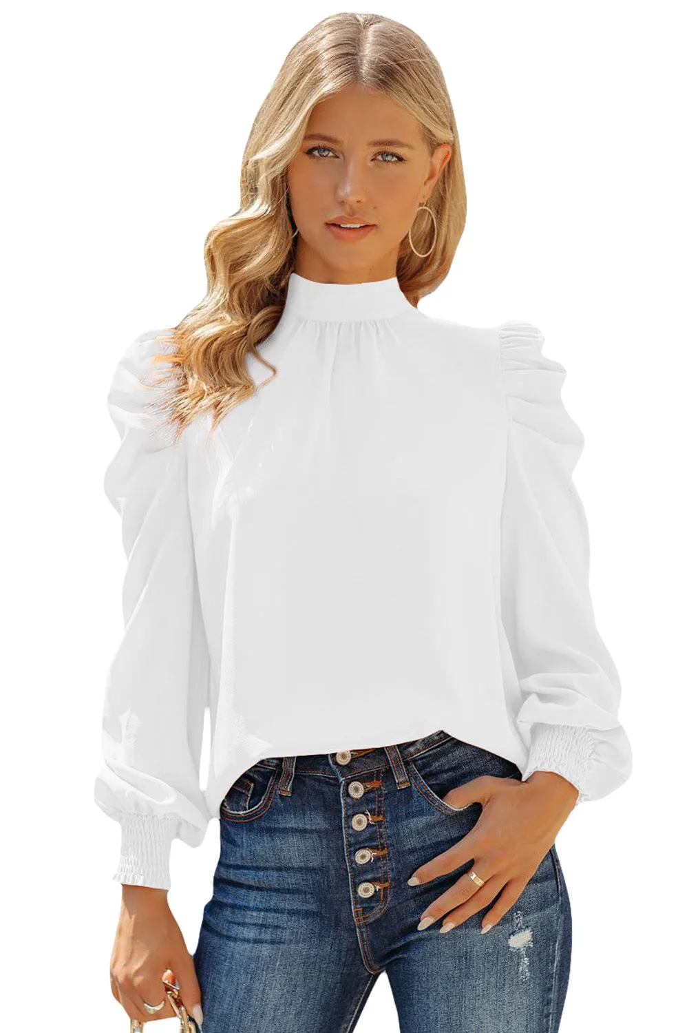 Womens High Neck Puff Long Sleeve Dressy Casual Work Loose Blouses Tops Shirts