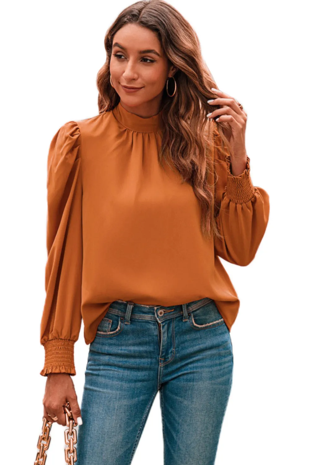 Womens High Neck Puff Long Sleeve Dressy Casual Work Loose Blouses Tops Shirts