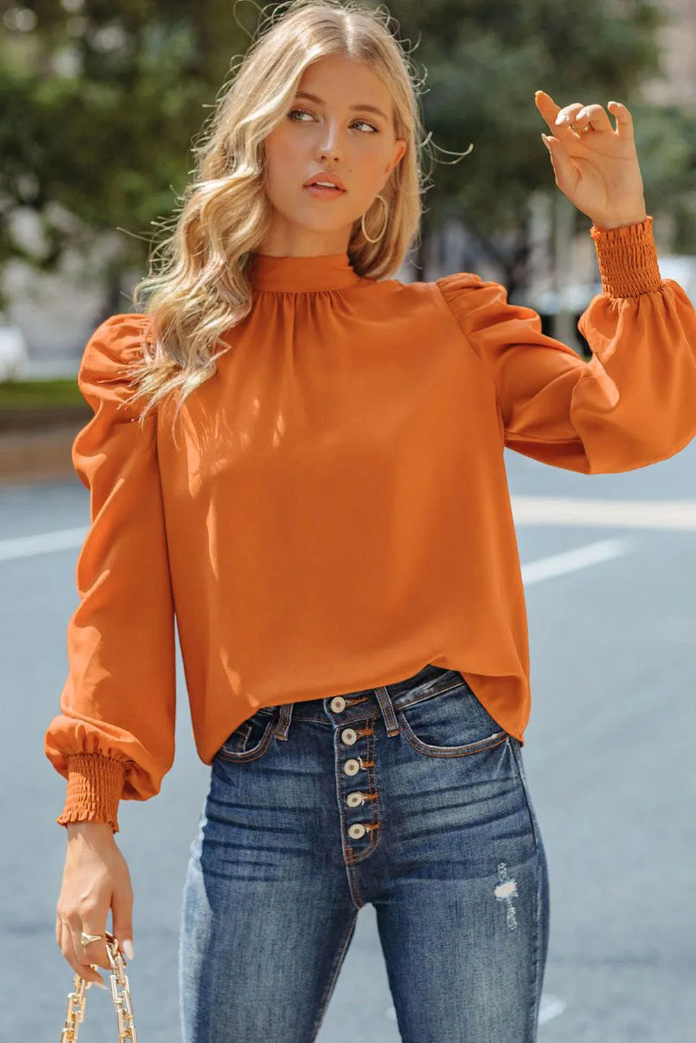 Womens High Neck Puff Long Sleeve Dressy Casual Work Loose Blouses Tops Shirts